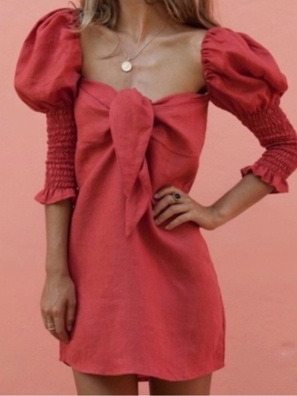 Posse Coral-Red Puff Sleeve Tie-Front Mini Dress